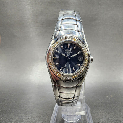 Citizen EcoDrive Watch Women 26mm Blue Dial Silver Tone Date Crystal Bezel Runs5