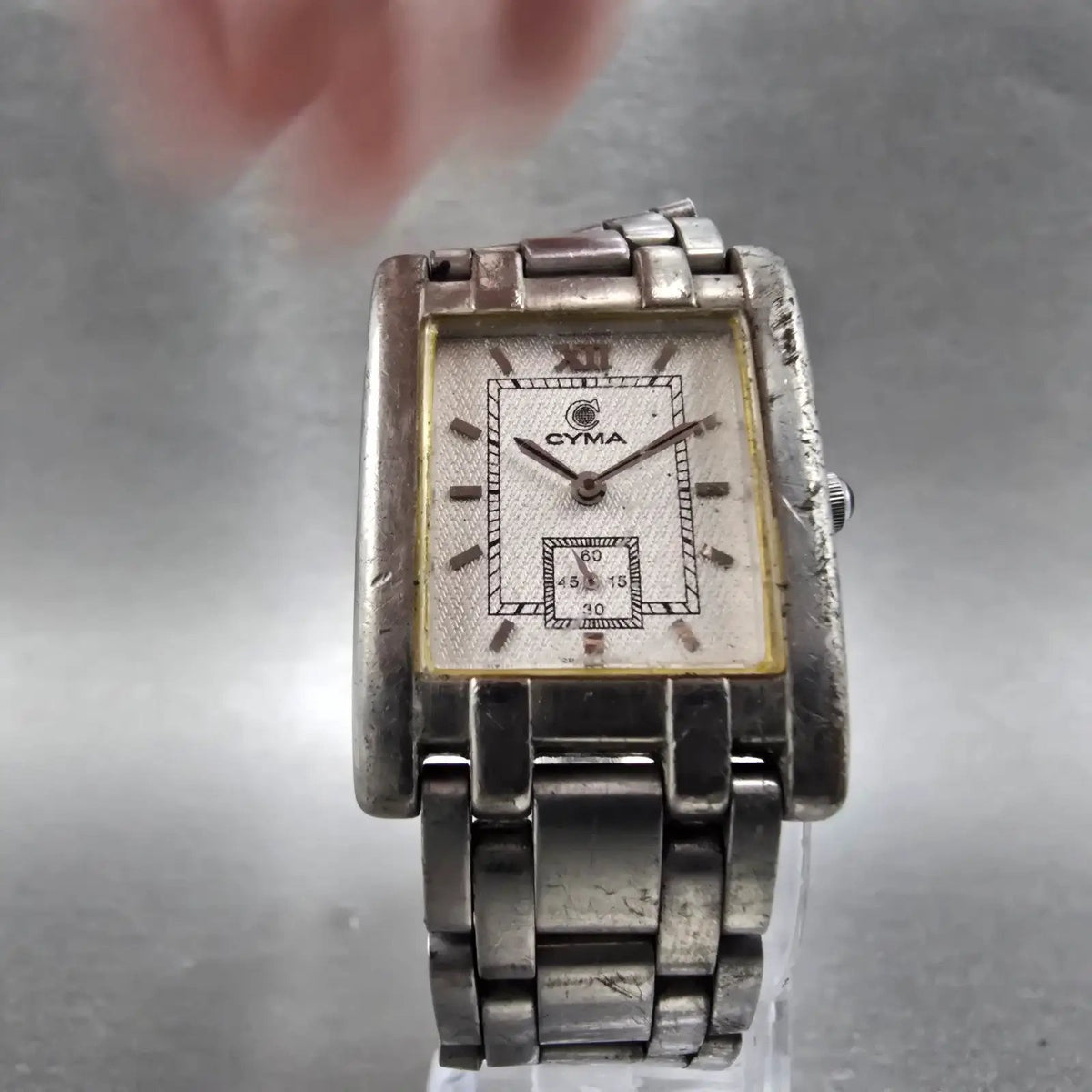 Cyma Tank Watch Men 25mm Silver Dial Steel Small Seconds 729 Rectangle PARTS6