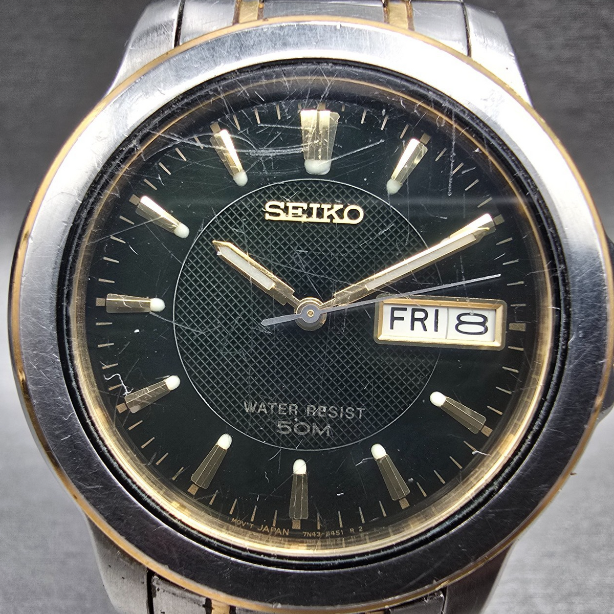 Seiko Watch Men 38mm Black Dial Two Tone Daydate Round 7N43-8309 New Battery1