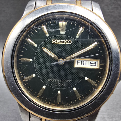 Seiko Watch Men 38mm Black Dial Two Tone Daydate Round 7N43-8309 New Battery1