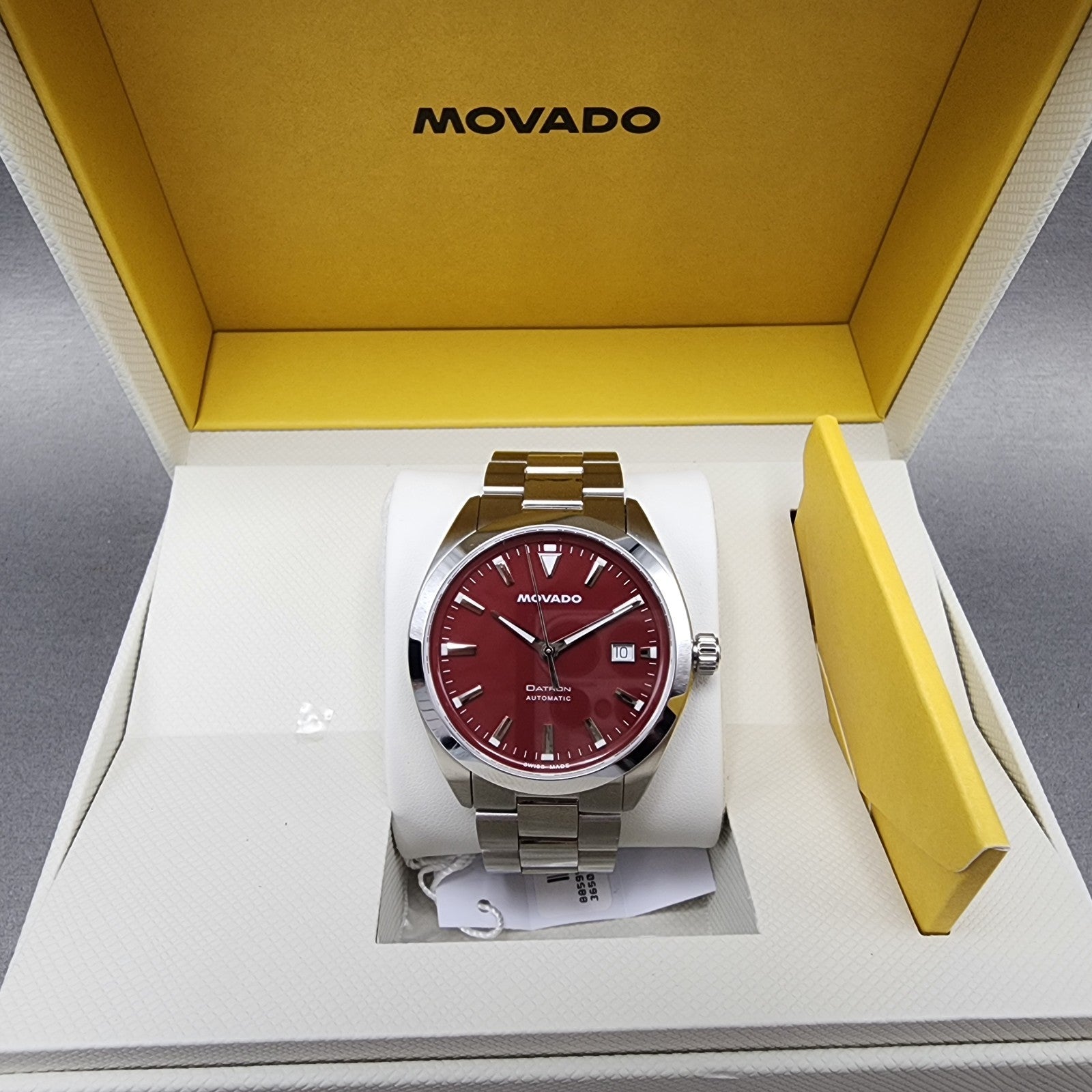 Movado Datron Watch Men 40mm Red Dial Silver Tone Date Automatic Round 36501940