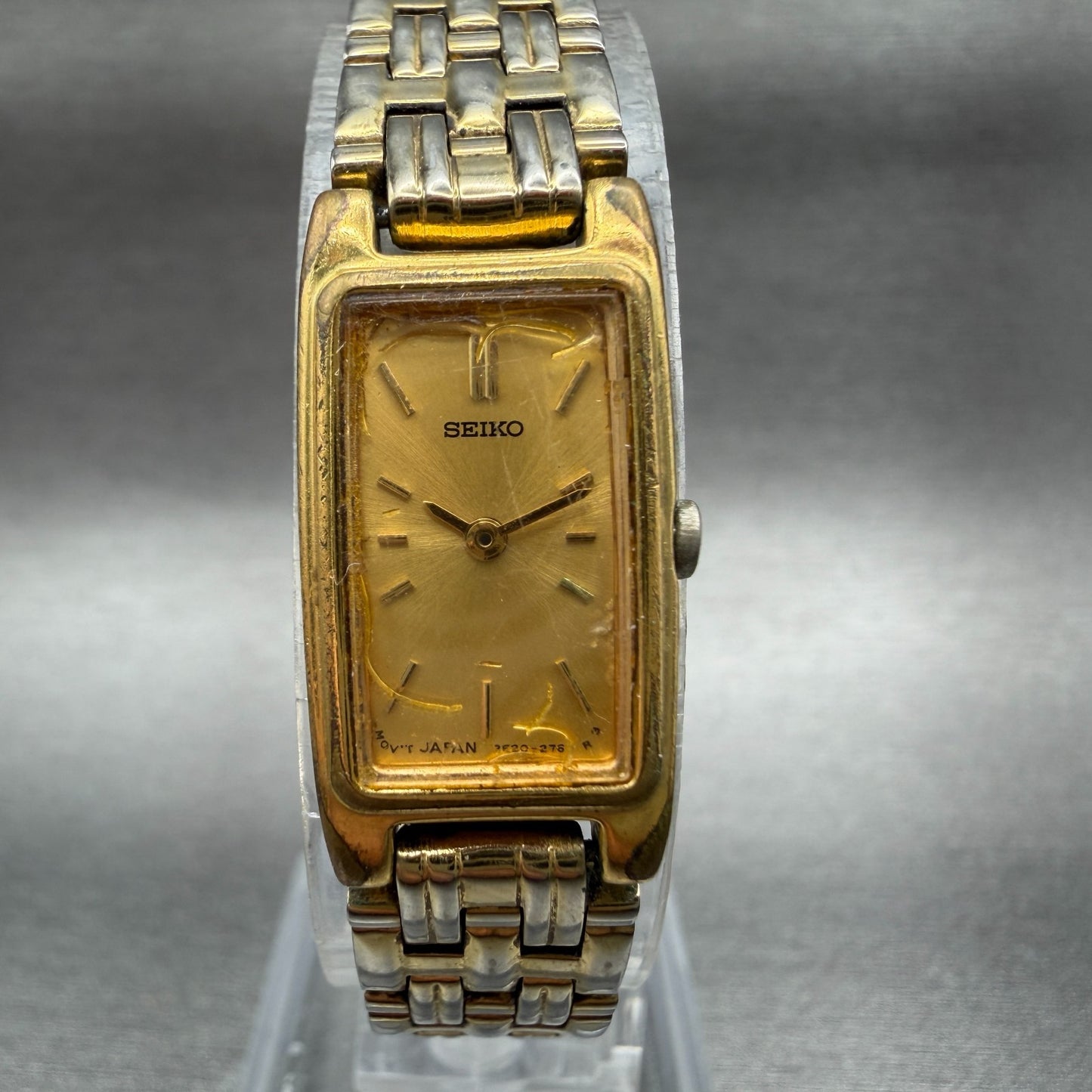 Seiko Tank Watch Women 13mm Champagne Dial Gold Tone 2e20-7021 New Battery 45670