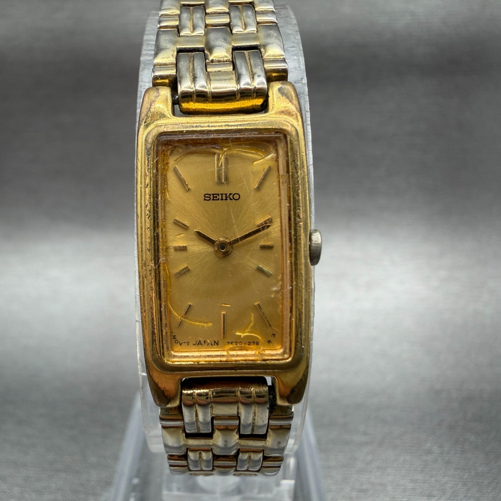 Seiko Tank Watch Women 13mm Champagne Dial Gold Tone 2e20-7021 New Battery 45670