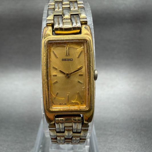 Seiko Tank Watch Women 13mm Champagne Dial Gold Tone 2e20-7021 New Battery 45670