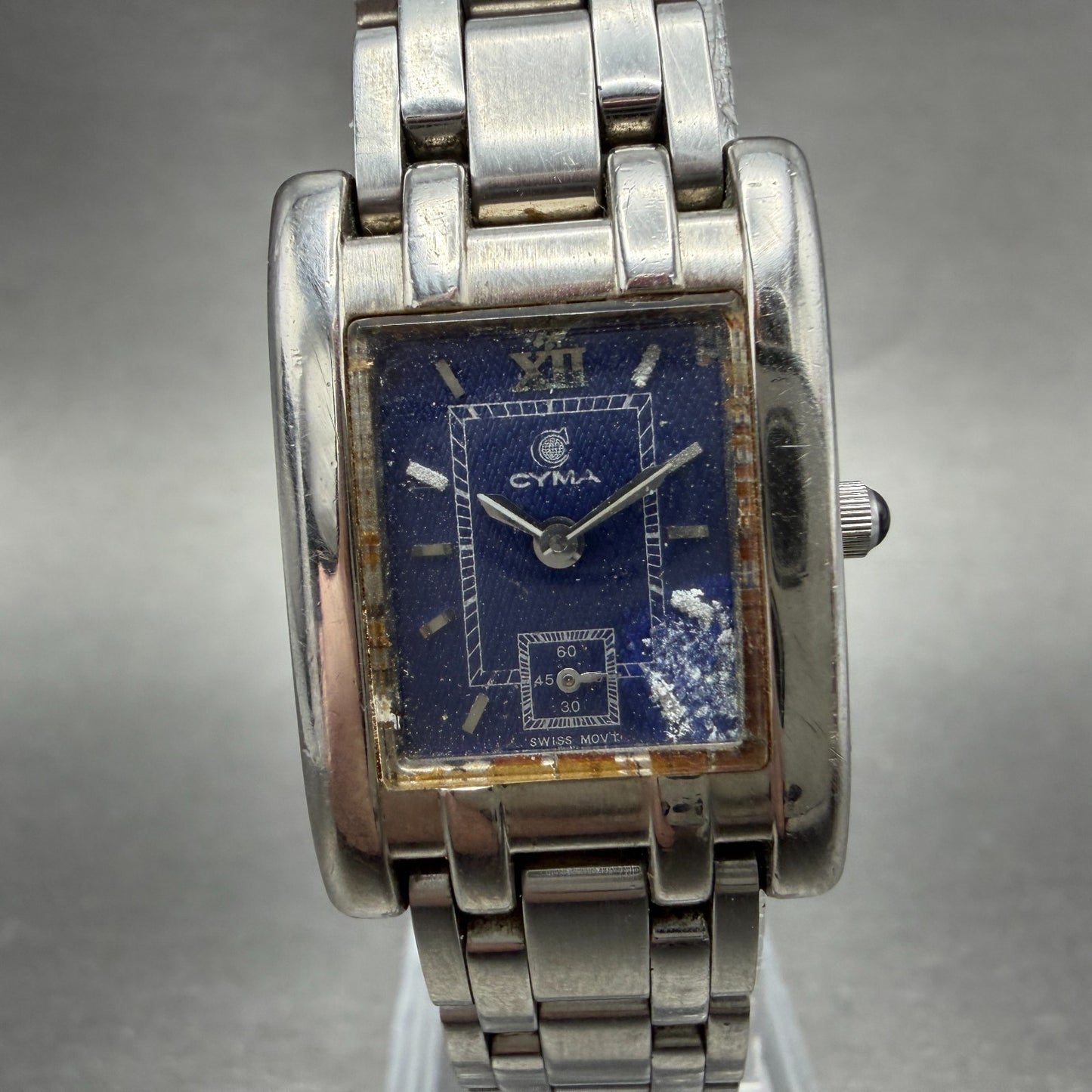 Cyma Tank Watch Women 20mm Blue Dial Silver Tone Rectangle 730 New Battery0