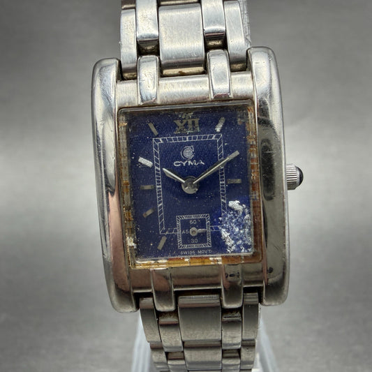 Cyma Tank Watch Women 20mm Blue Dial Silver Tone Rectangle 730 New Battery0
