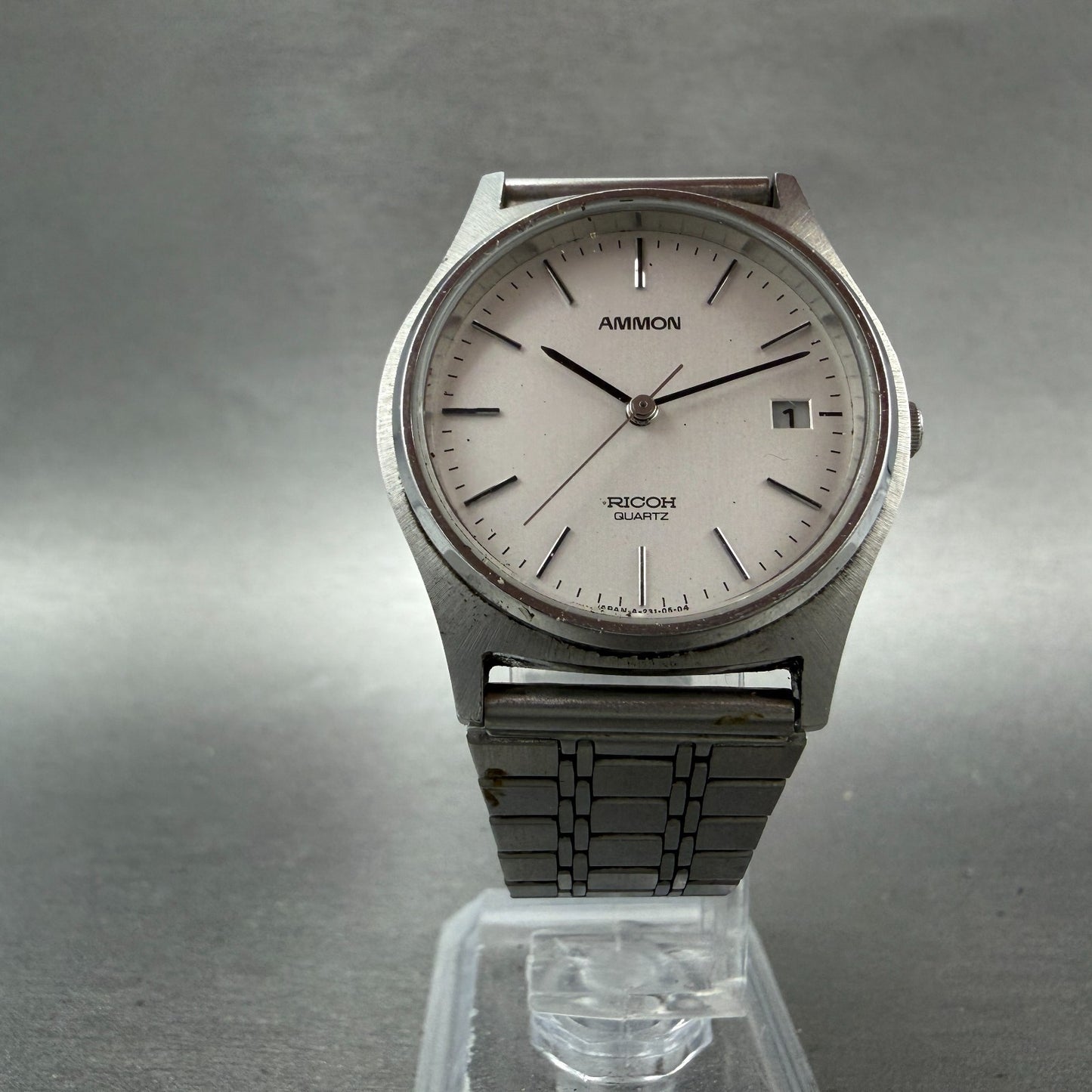 Ricoh Ammon Watch Men 32mm White Dial Silver Tone Date Round New Battery5