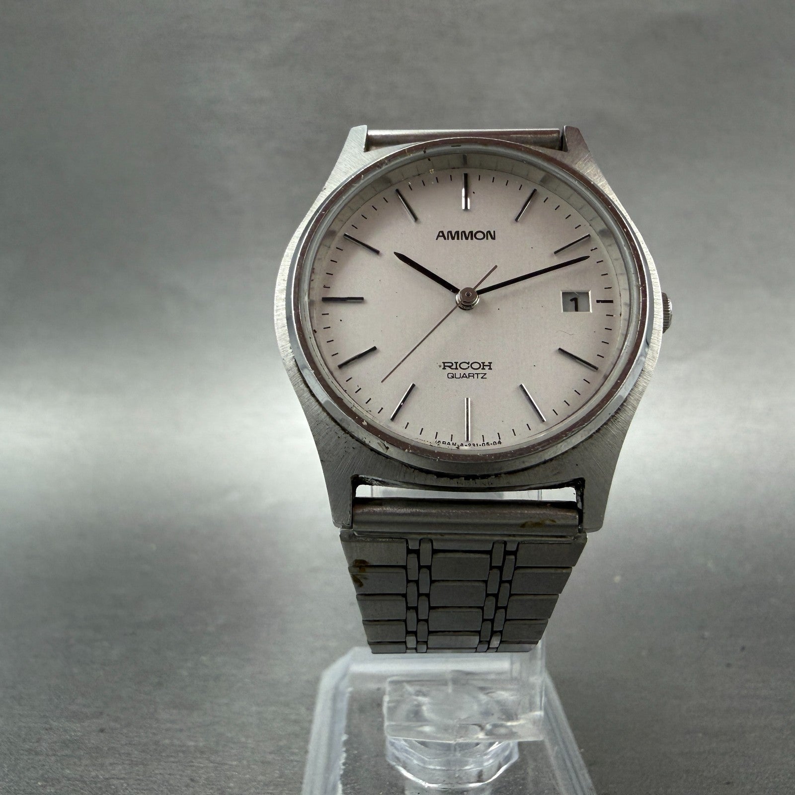 Ricoh Ammon Watch Men 32mm White Dial Silver Tone Date Round New Battery5