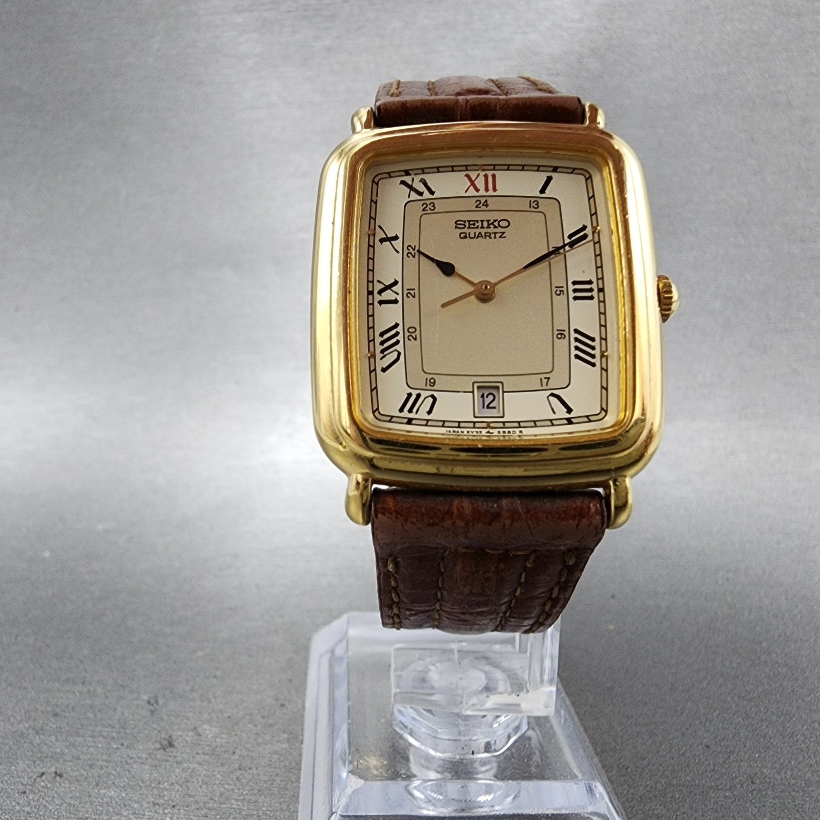 Seiko Tank Watch Men 28mm Champagne Dial Gold Tone Date 5y325809 New Battery5