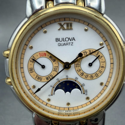 Bulova Moon Phase Watch Men 35mm White Dial Two Tone Daydate 90D07 New Battery1