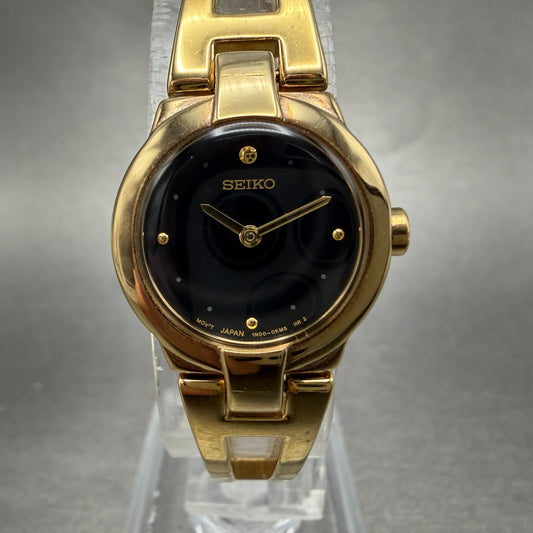 Seiko Watch Women 20mm Black Dial Gold Tone Round 1N00-0GM0 New Battery Vintage0