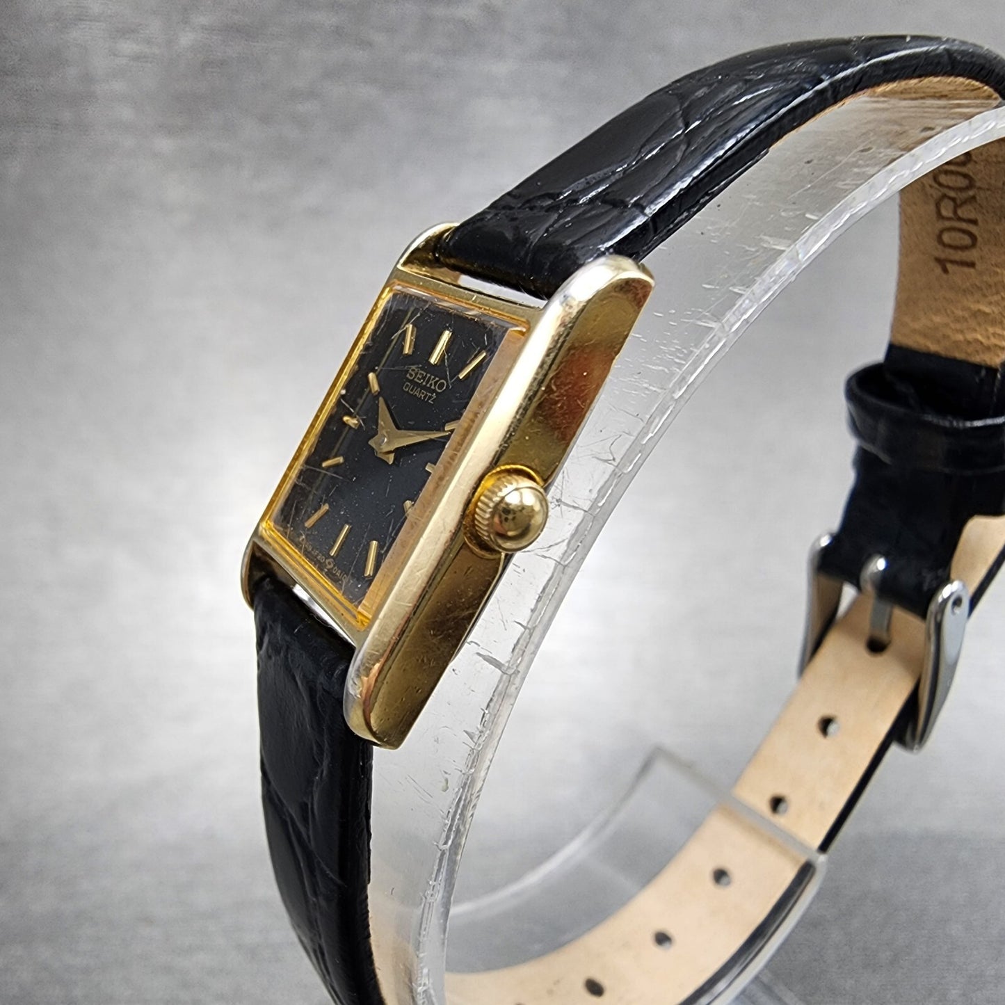 Seiko Tank Watch Women 14mm Black Dial Gold Tone Rectangle 1F205A69 New Battery1