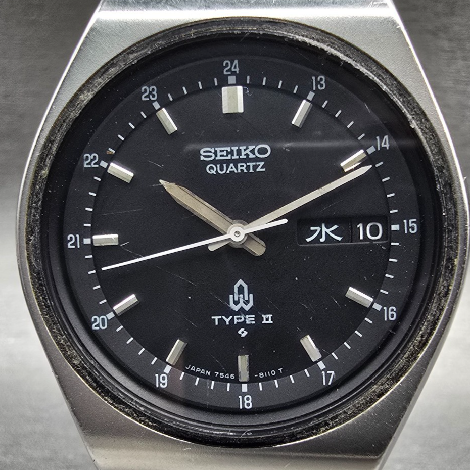 Seiko Type II Watch Men 36mm Black Dial Silver Tone Daydate 7546-8090 New Batt1
