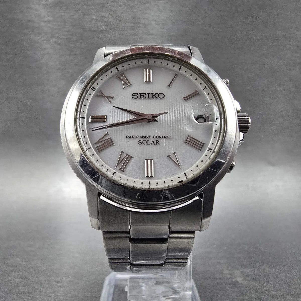Seiko Solar Watch Men 38mm White Dial Silver Tone Date Atomic 7B52-0AG0 READ!!!!6