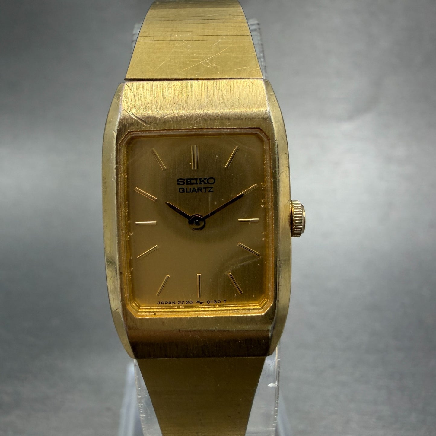 Seiko Tank Watch Women 16mm Champagne Dial Gold Tone 2C20-5059 New Battery0