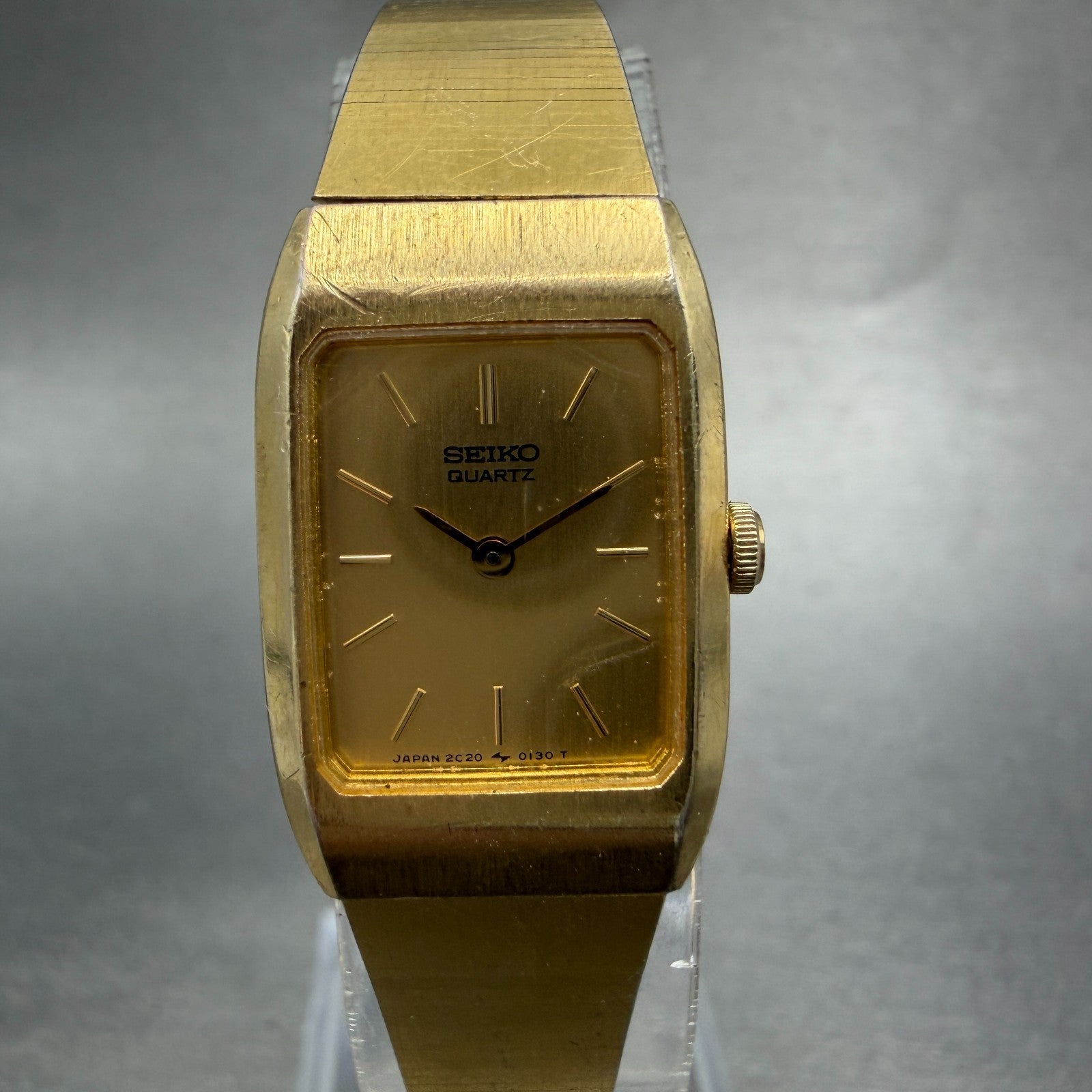 Seiko Tank Watch Women 16mm Champagne Dial Gold Tone 2C20-5059 New Battery0