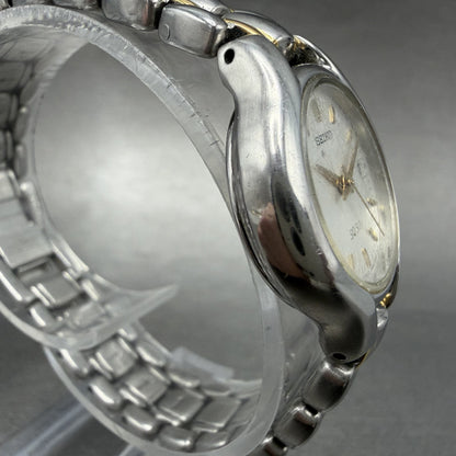 Seiko SQ 50 Watch Women 25mm White Dial Two Tone Date 7N82-0301 New Battery LK d3