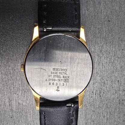 Seiko Watch Men 32mm Black Dial Gold Tone Round 5Y30-7A71 New Battery Vintage10
