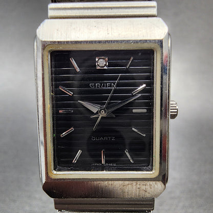 Gruen Tank Watch Women 20mm Black Dial Silver Tone Rectangle 2272035 New Batt1
