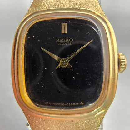 Seiko Watch Women 16mm Black Dial Gold Tone Rectangle 2C20-5770 New Battery VTG1