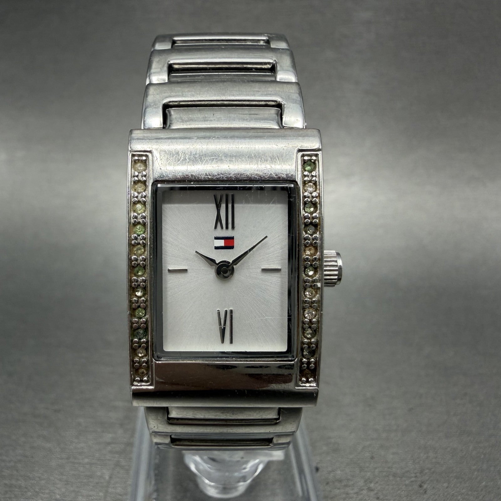 Tommy Hilfiger Tank Watch Women 20mm Silver Dial Silver Tone Rectangle New Batt0