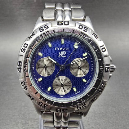 Fossil Blue Watch Women 36mm Blue Dial Silver Tone Daydate BQ-8793 New Battery0