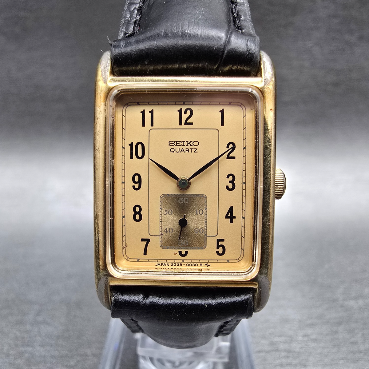 Seiko Tanl Watch Women 17mm Gold Dial Gold Rectangle 2G38-5010 New Battery VTG0