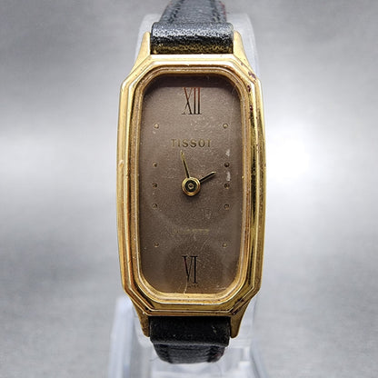 Tissot Tank Watch Women 14mm Brown Dial Gold Tone Octagon  New Battery