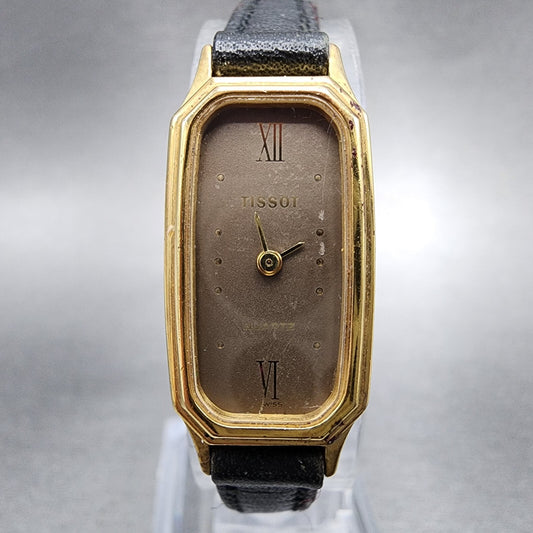 Tissot Tank Watch Women 14mm Brown Dial Gold Tone Octagon  New Battery