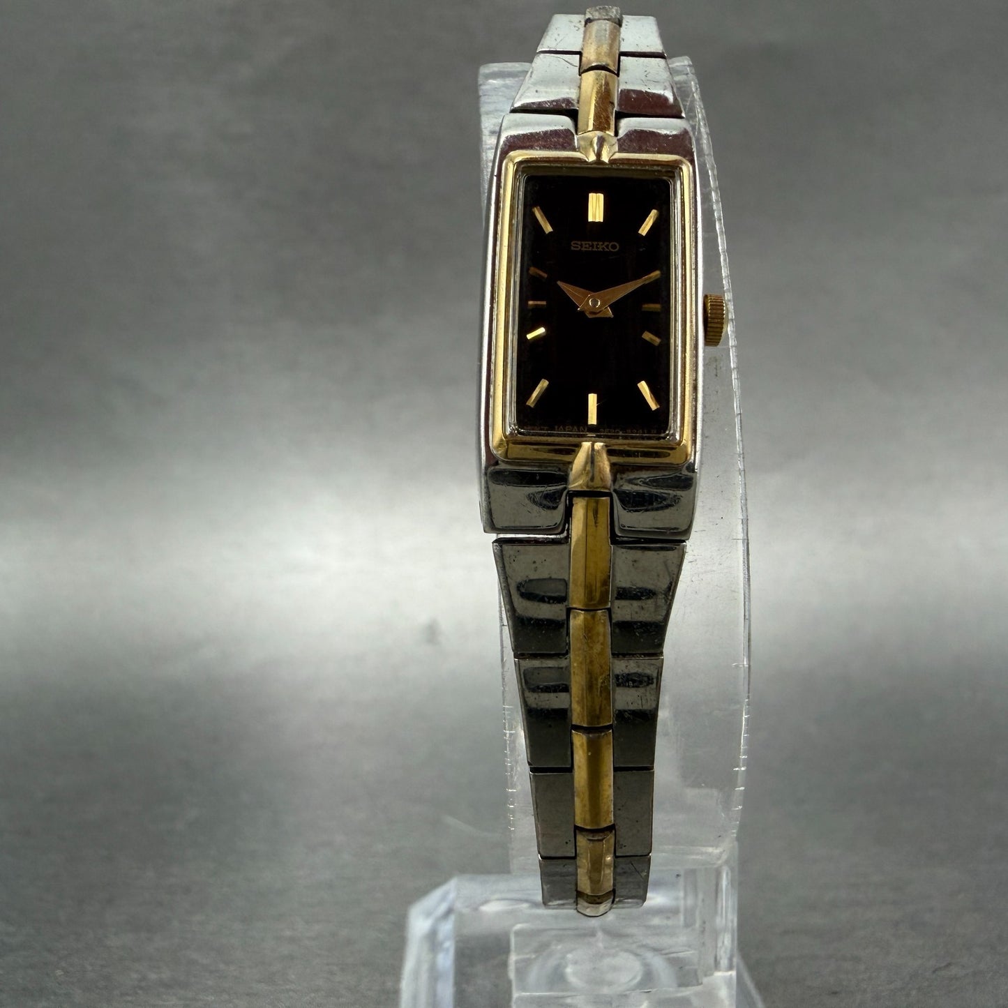 Seiko Tank Watch Women 13mm Black Dial Two Tone Rectangle 2E20-0AY0 New Batt BTQ5