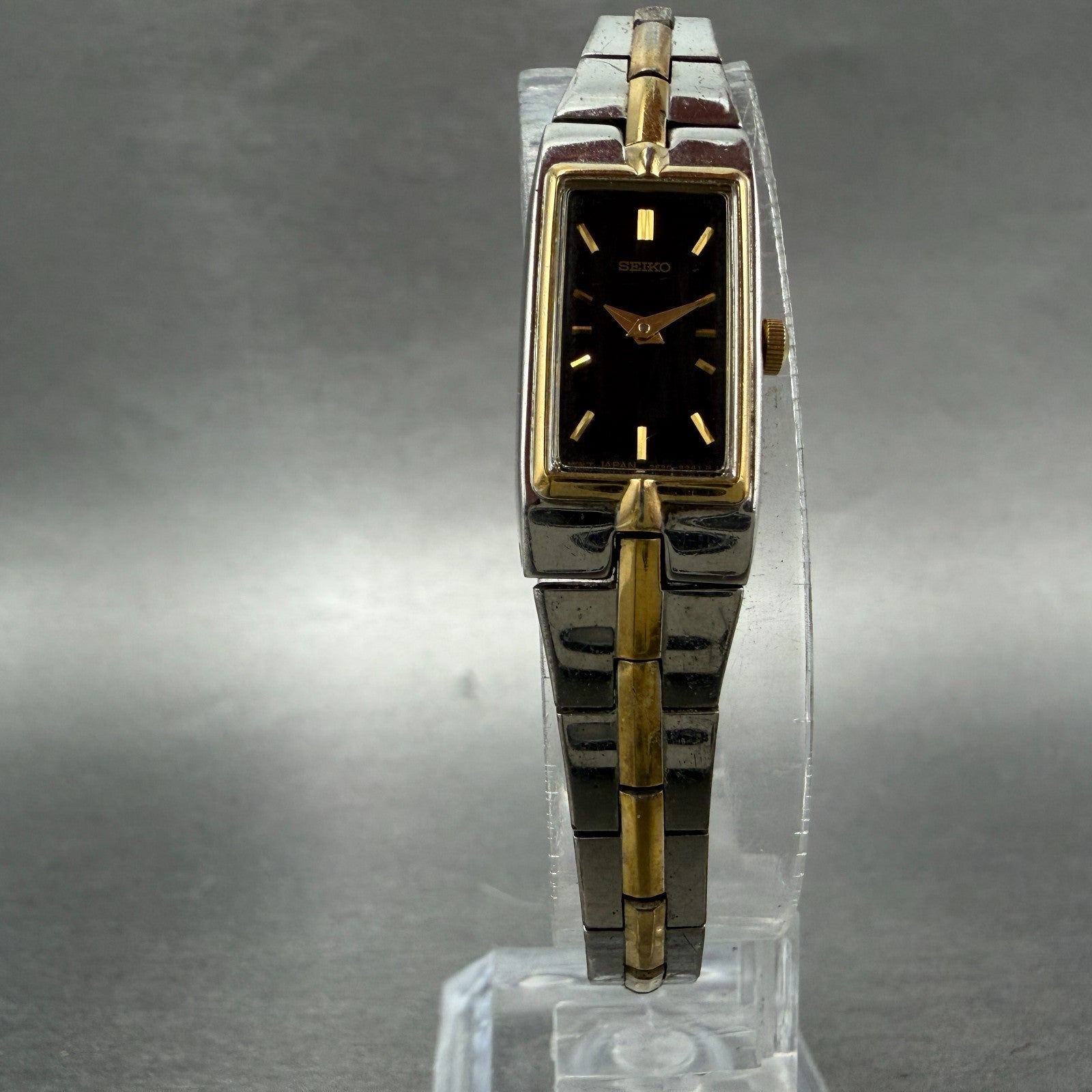 Seiko Tank Watch Women 13mm Black Dial Two Tone Rectangle 2E20-0AY0 New Batt BTQ5
