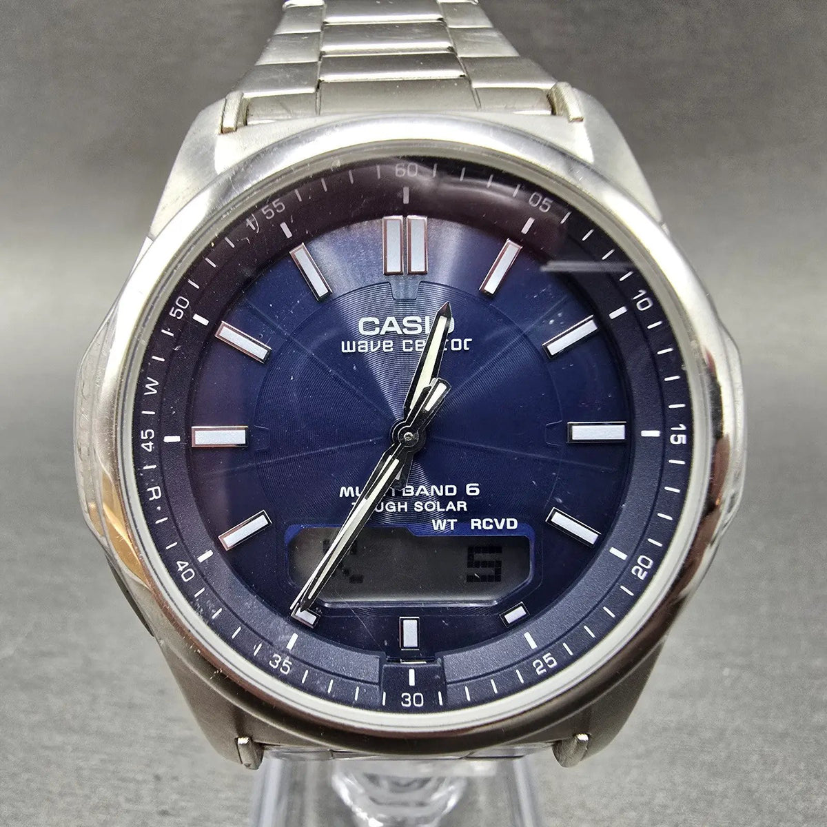 Casio Wave Ceptor Watch Men 42mm Blue Dial Steel Solar Alarm Daydate WVA-M630 J10