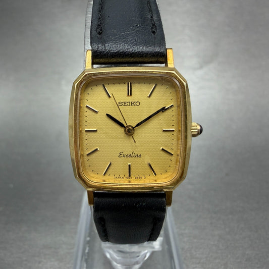 Seiko Exceline Tank Watch Women 20mm Champagne Dial Gold Tone 7321-6570 New Batt0