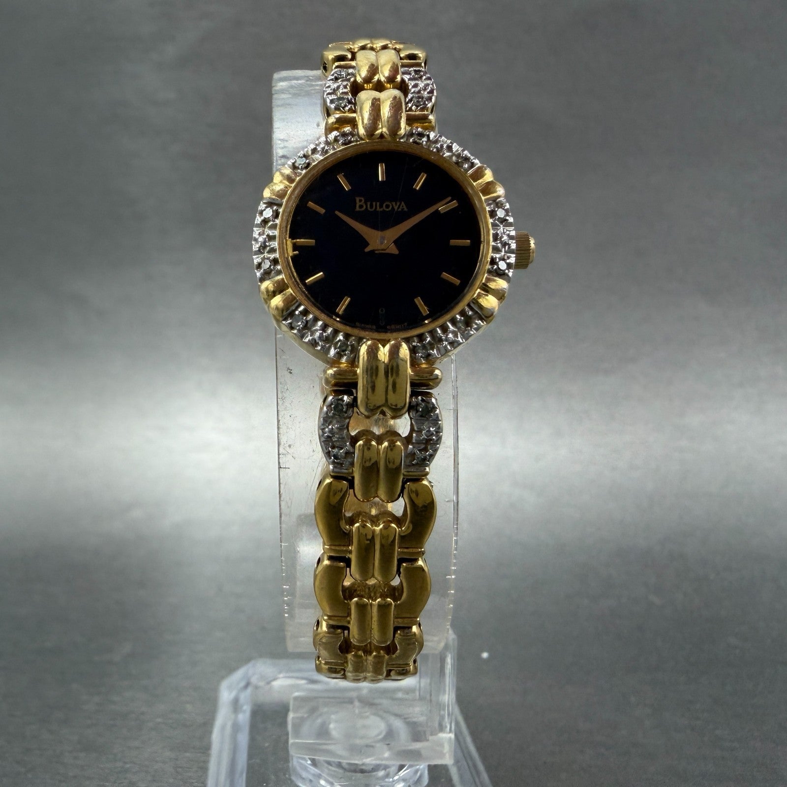 Bulova Watch Women 21mm Black Dial Gold Tone Round 98R07 New Battery Diamond5