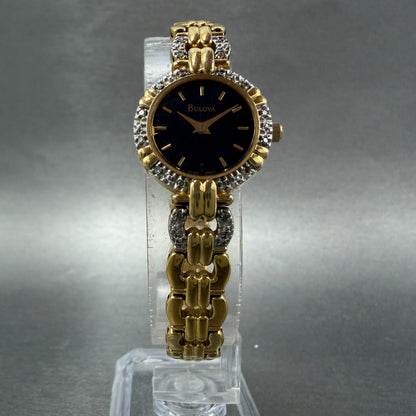 Bulova Watch Women 21mm Black Dial Gold Tone Round 98R07 New Battery Diamond5