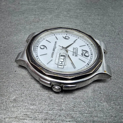Citizen Eco-Drive Watch Men 36mm White Dial Steel Daydate E100-K003334 PARTS JP5