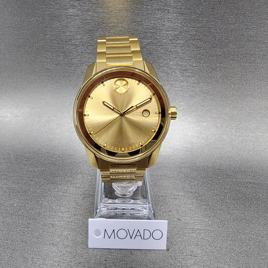 Movado Bold Verso Watch Men 42mm Gold Dial Gold Tone Date Round 36008610