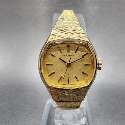 VTG Seiko Watch Women 21mm Gold Dial Gold Tone Rectangle Manual Wind Runs0