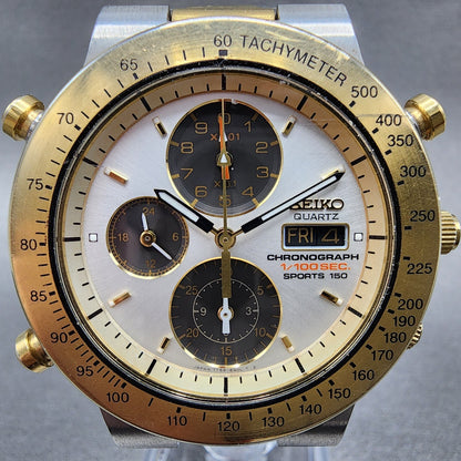 Seiko Chronograph Sports 150 Watch Men 40mm White Dial Two Tone 7t59-6a00 Newbat