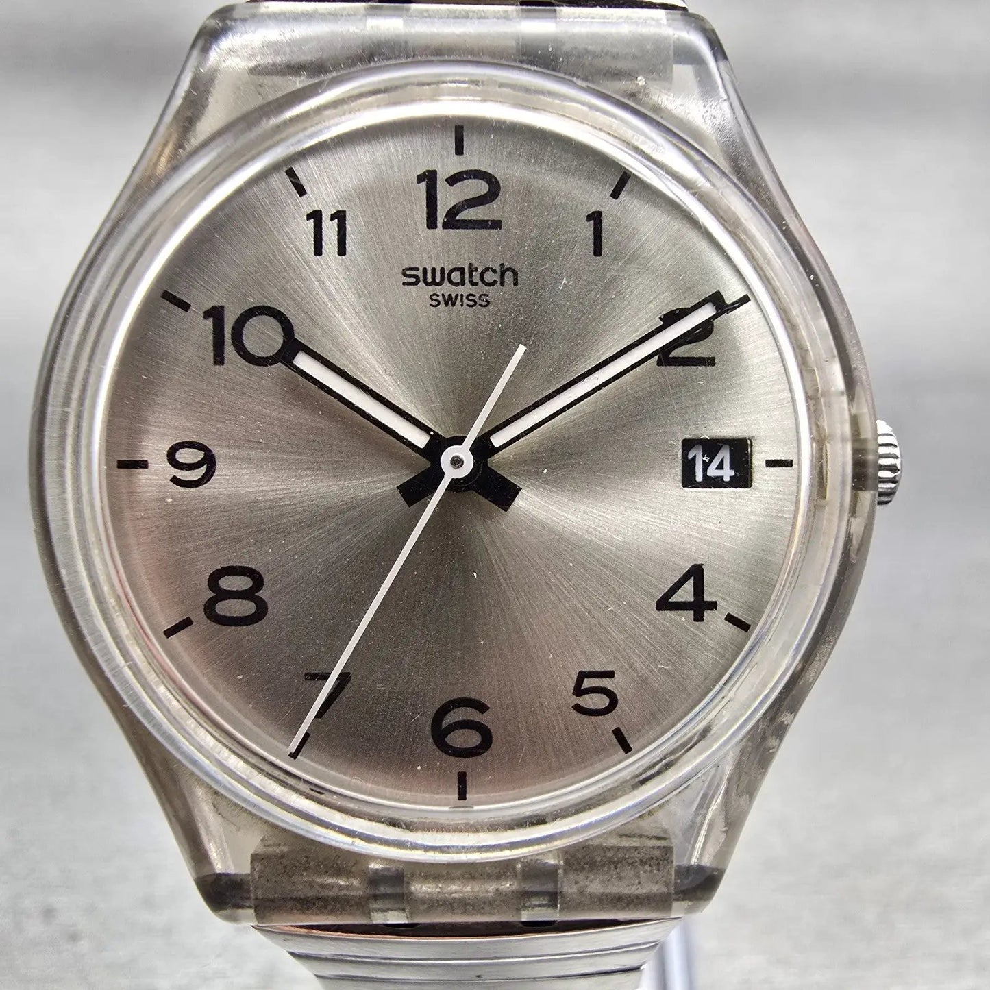 Swatch Silverall Watch Men 34mm Silver Dial Clear Case Date GM416 New Battery1