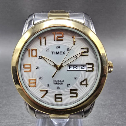 Timex Highland Street Watch Men 39mm Silver Dial Two Tone Daydate Round New Batt0
