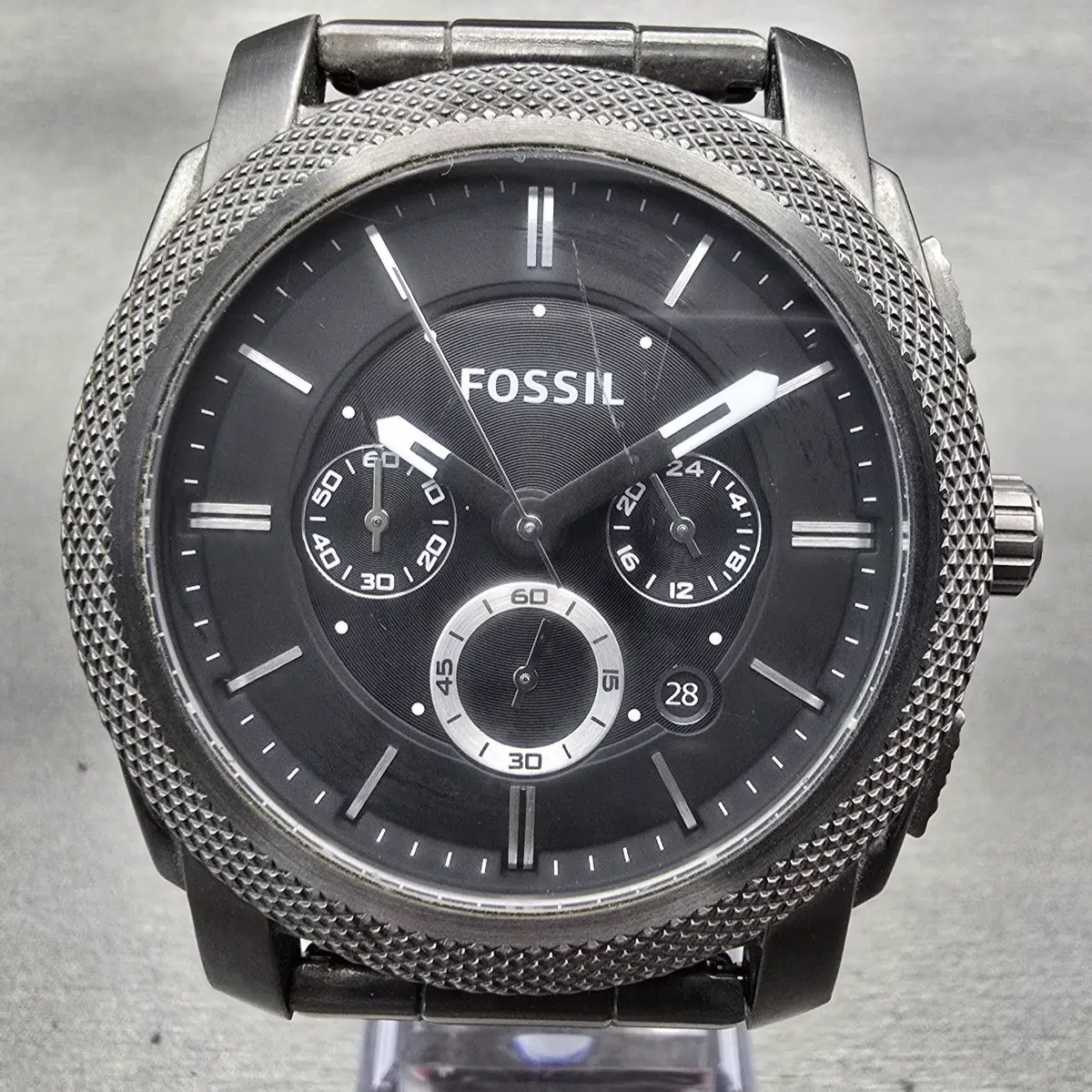 Fossil Machine Watch Men 45mm Black Dial Gray Tone Chrono Date FS4662 New Batt1