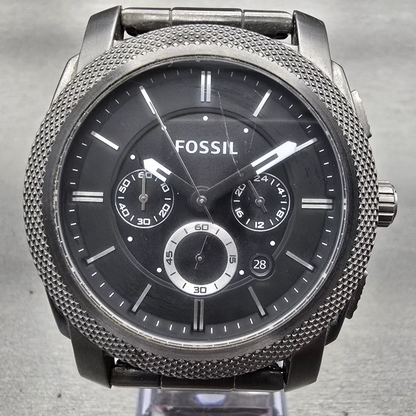 Fossil Machine Watch Men 45mm Black Dial Gray Tone Chrono Date FS4662 New Batt1