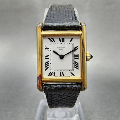 Seiko Tank Watch Women 18mm White Dial Gold Tone 2c205019 New Battery0