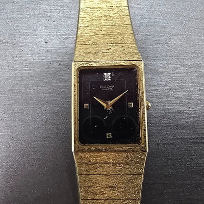 Bulova Tank Watch Men 24mm Black Dial Gold Tone Rectangle Diamond PARTS NO BACK0
