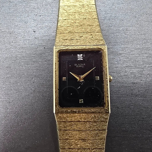 Bulova Tank Watch Men 24mm Black Dial Gold Tone Rectangle Diamond PARTS NO BACK0