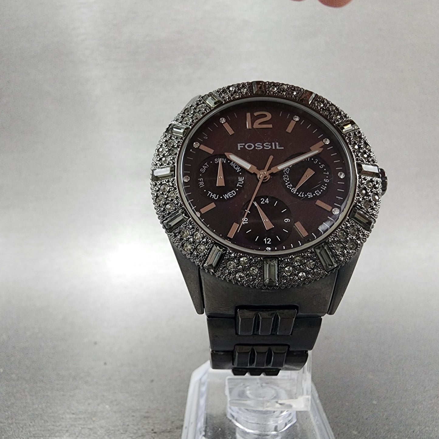 Fossil Blue Watch Women 38mm MOP Dial Black Tone Daydate BQ9342 New Battery5