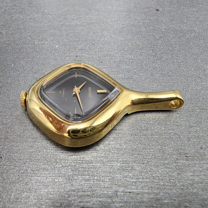 Seiko Pendant Watch Women 25mm Black Dial Gold Plated 117980 Manual Wind Runs5