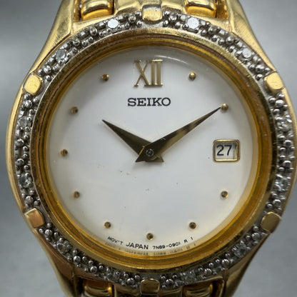 Seiko Watch Women 26mm White Dial Gold Tone Date Round 7N89-0449 New Battery1