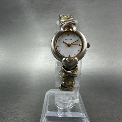 Bulova Watch Women 20mm White Dial Two Tone Round Bracelet 98T23 New Battery5